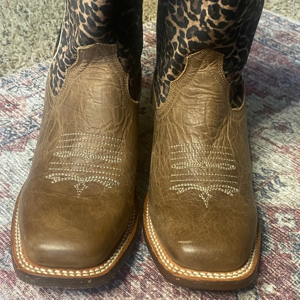 Roper Big Girl Cheetah Leather Cowgirl Cowboy Boot Square Toe